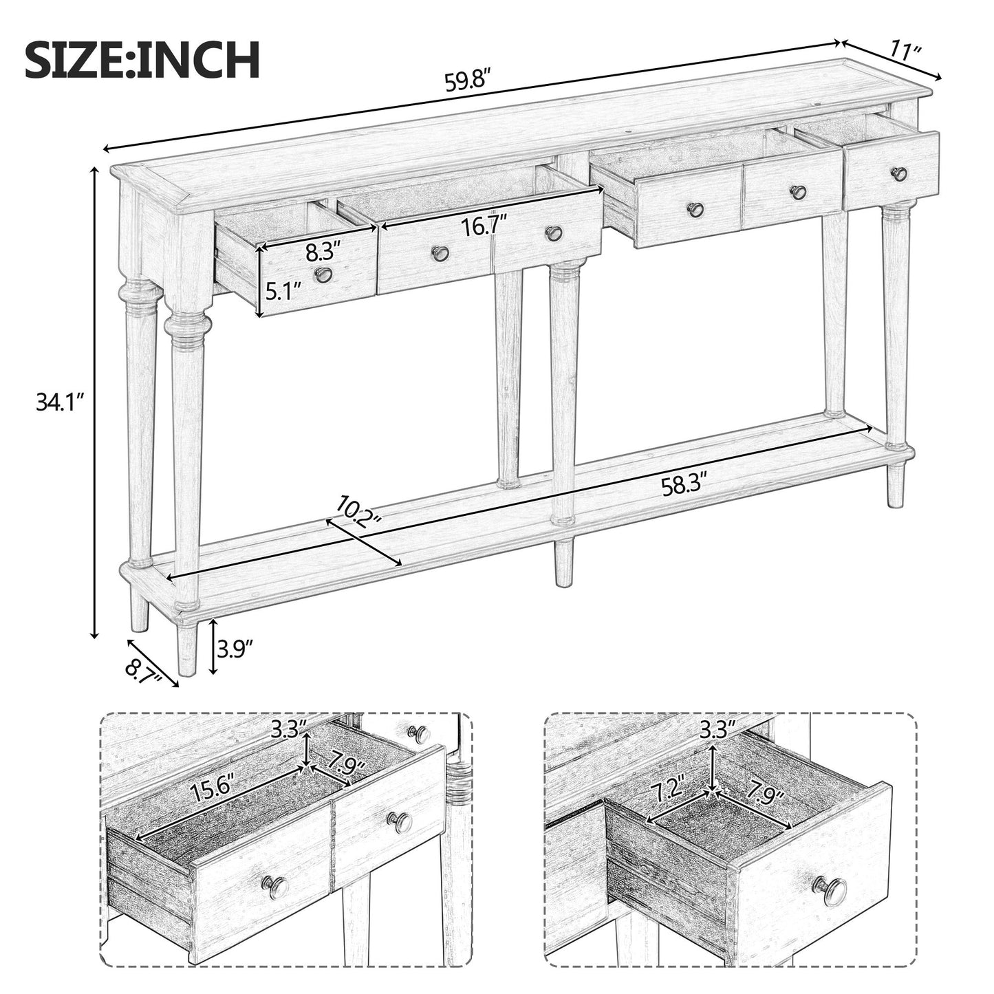 Console Table with 4 Drawers and Open Shelf, Blue