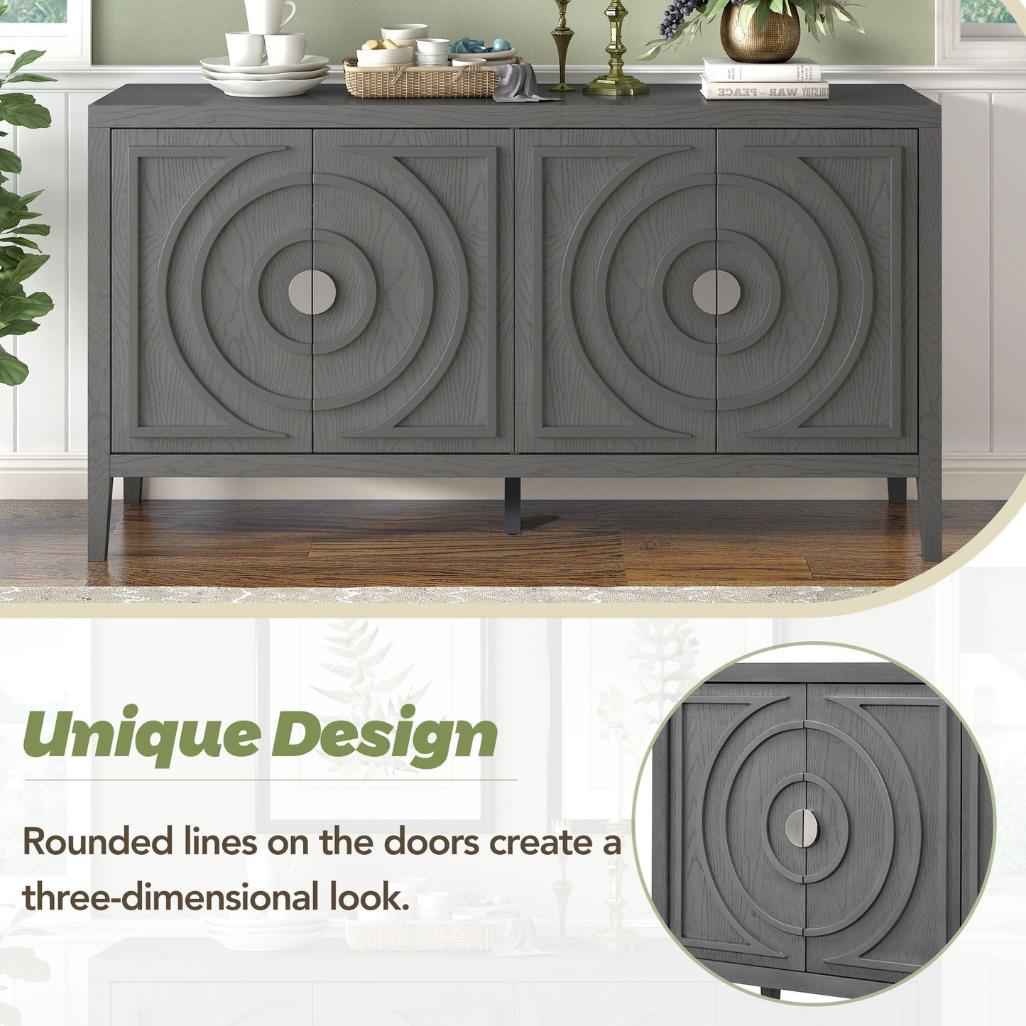 Retro Sideboard with Circular Groove Design Round Metal Door Handle, blue grey white