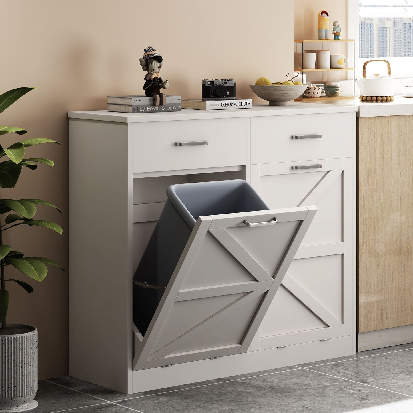 White Tilt Out Trash Cabinet with 2 drawer, Wooden Freestanding Trash Can Cabinet Holds Up to 2x10 Gallons Capacity