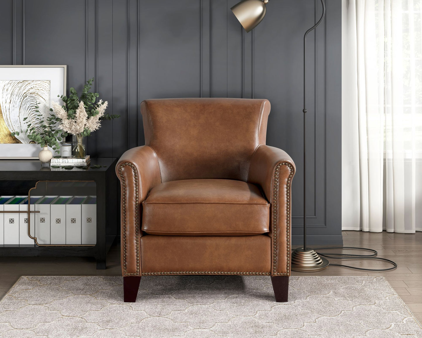 Top-Grain Leather Nail head Trim Traditional Accent Chair Solid Wood Frame