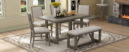 Rectangular Table with Designed Trestle Base and 4 Upholstered Chairs and 1 Bench for Dining Room and Kitchen (Gray)