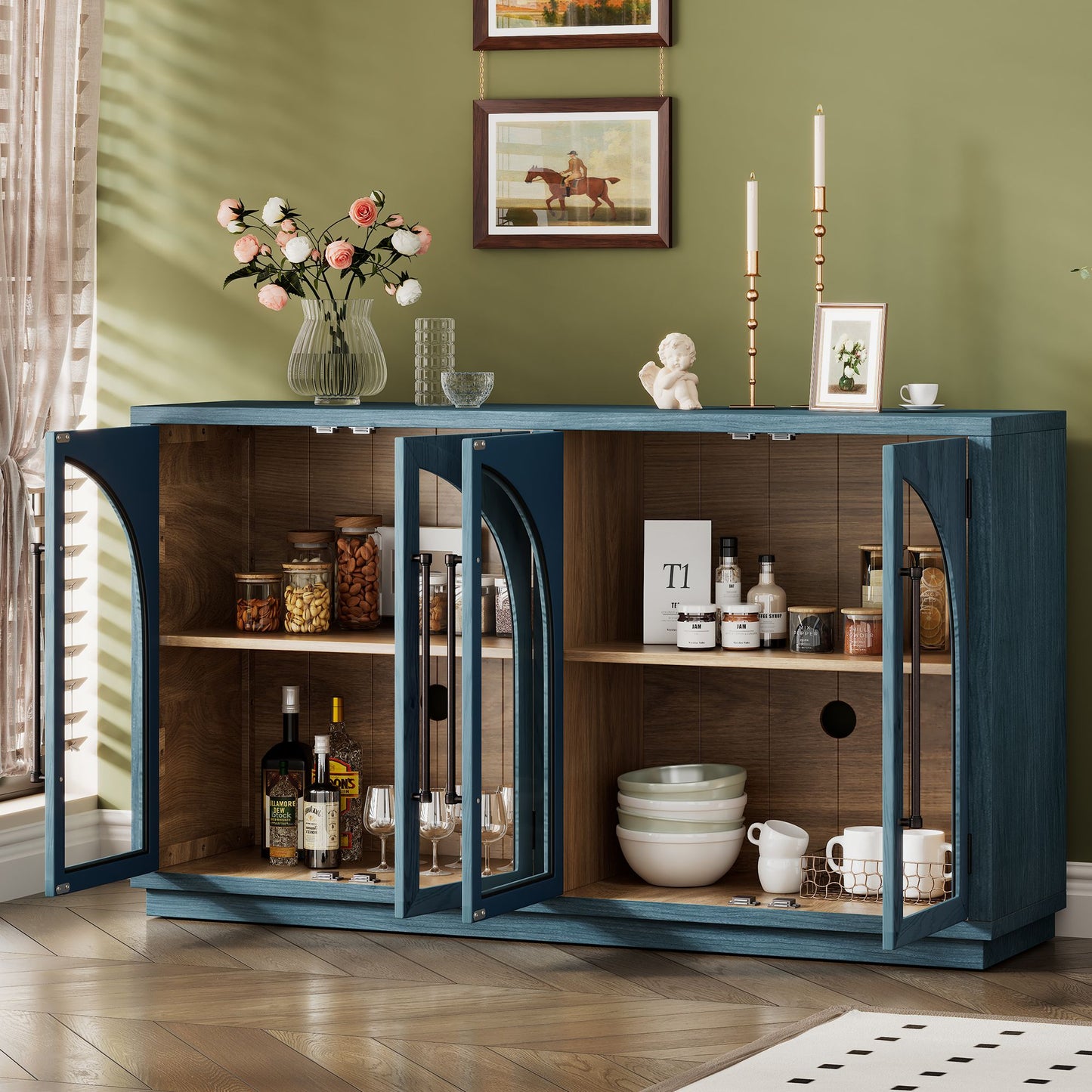 Blue and Black Large Sideboard with Arched Glass Doors and Metal Handles and Adjustable Shelves for Kitchen, Dining Room and Living Room