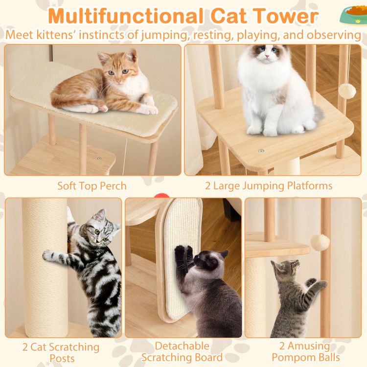 Wooden Multi-level Modern Cat Tower with Scratching Board and Post