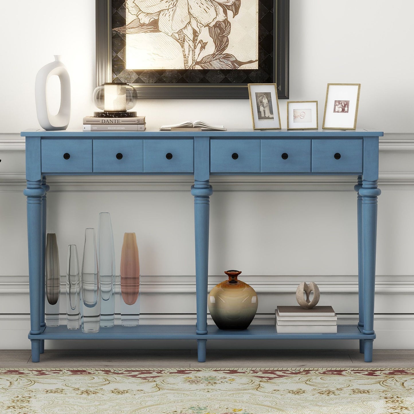 Console Table with 4 Drawers and Open Shelf, Blue