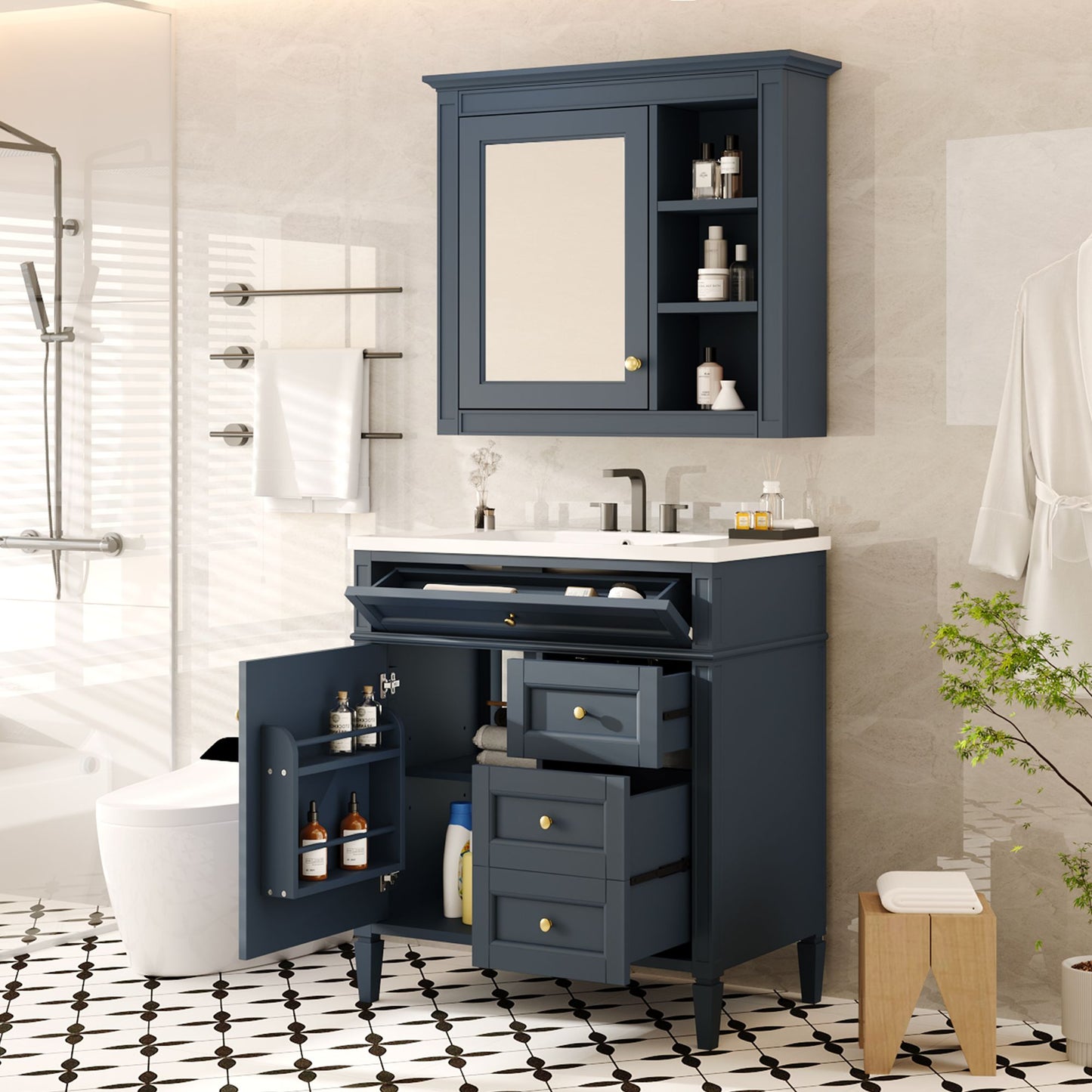 30'' Bathroom Vanity with Top Sink, Modern Bathroom Storage Cabinet with 2 Drawers and a Tipout Drawer, Freestanding Vanity Set with Mirror Cabinet, Single Sink Bathroom Vanity