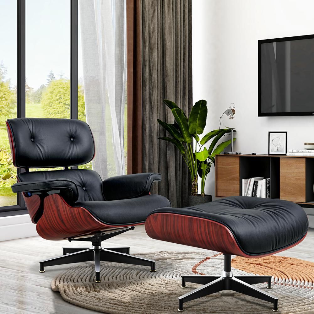 Eames Lounge Copy Armchair With Ottoman Genuine Leather Swivel Chair