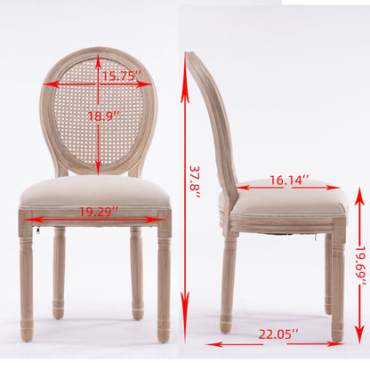 French Style Rattan Back Dining Chair, Linen Fabric (Set of 2)