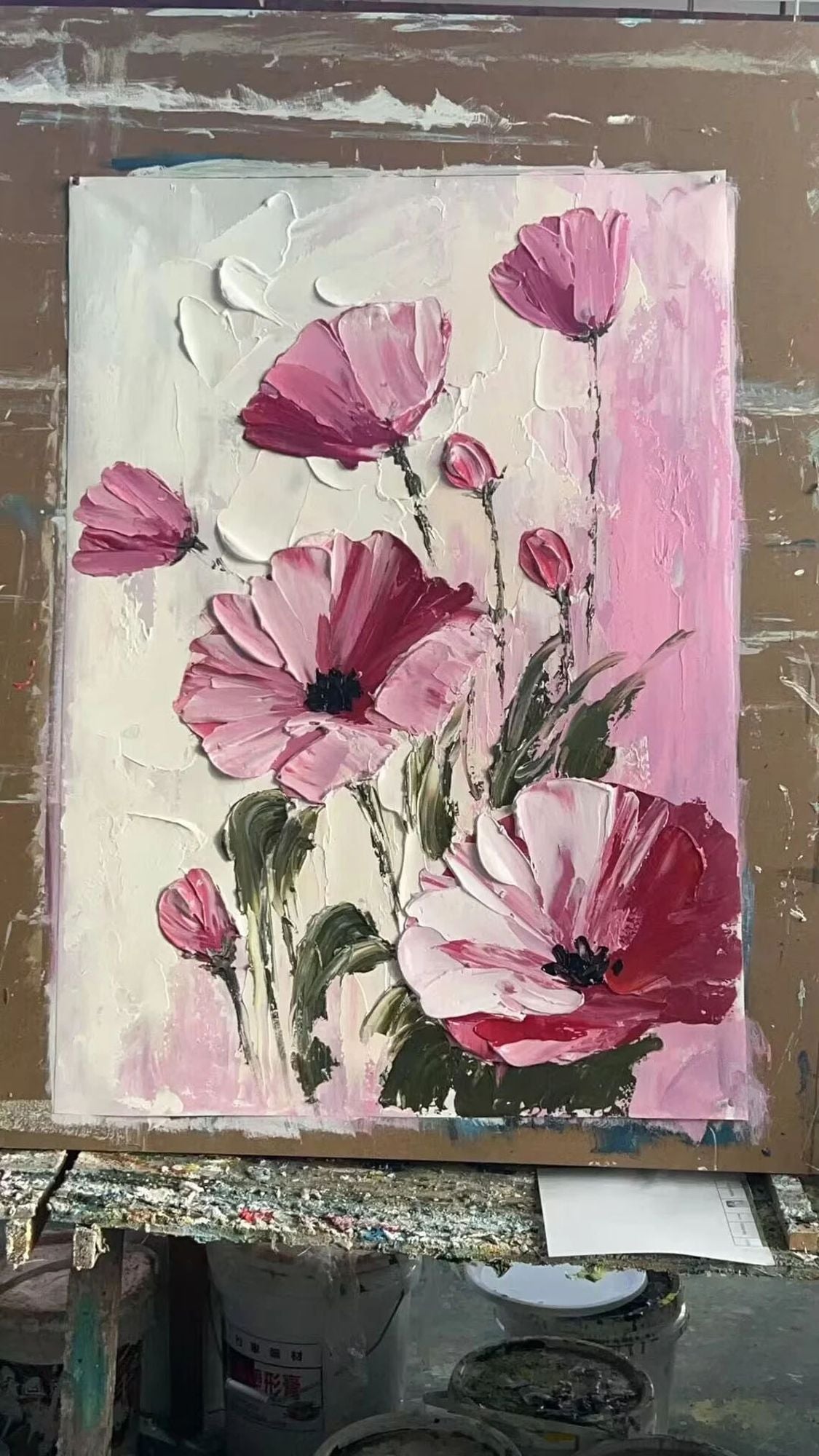 100% Handmade Pink Poppy Flower Oil Painting(No Frame)