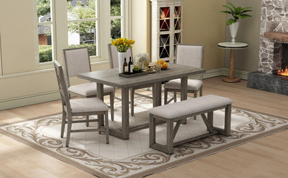 Rectangular Table with Designed Trestle Base and 4 Upholstered Chairs and 1 Bench for Dining Room and Kitchen (Gray)