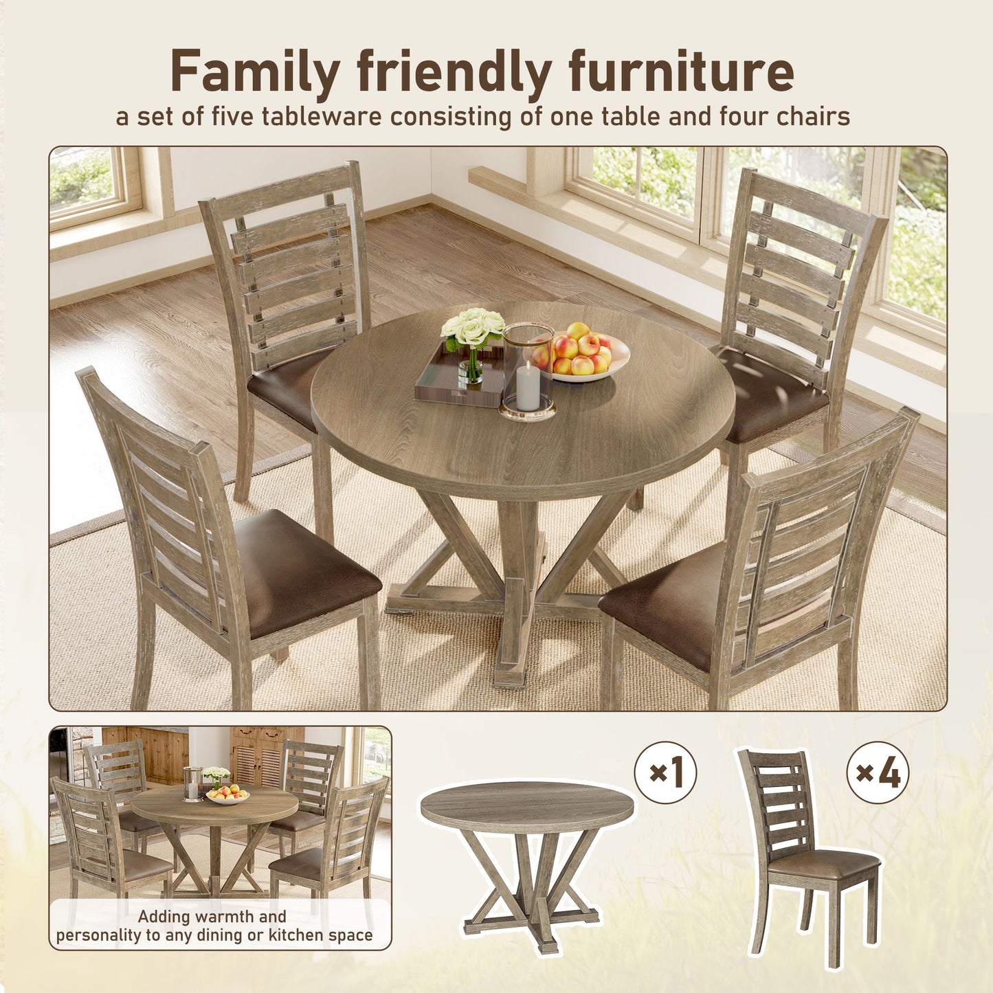 Modern Farmhouse Round Dining Table 45.7inch Solid Wood, seats 4