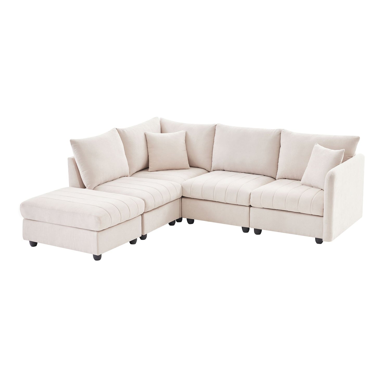 Modern Sectional Sofa with Vertical Stripes, 2 Pillows, 5-Seat Couch with Convertible Ottoman, L-Shape Various Combinations