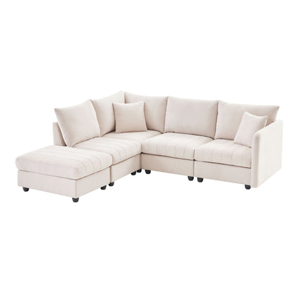 Modern Sectional Sofa with Vertical Stripes, 2 Pillows, 5-Seat Couch with Convertible Ottoman, L-Shape Various Combinations