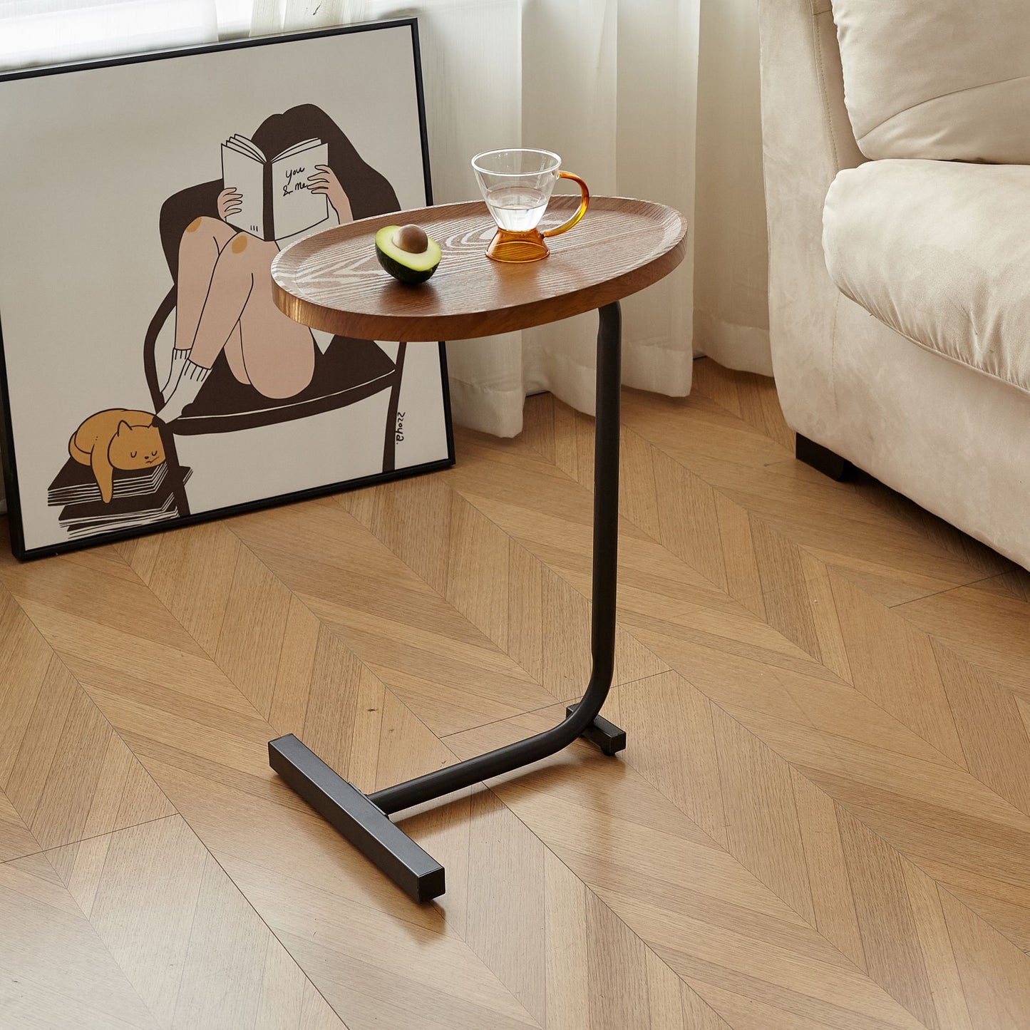 Brown C-shaped Side Table, Small Accent Table for Living room