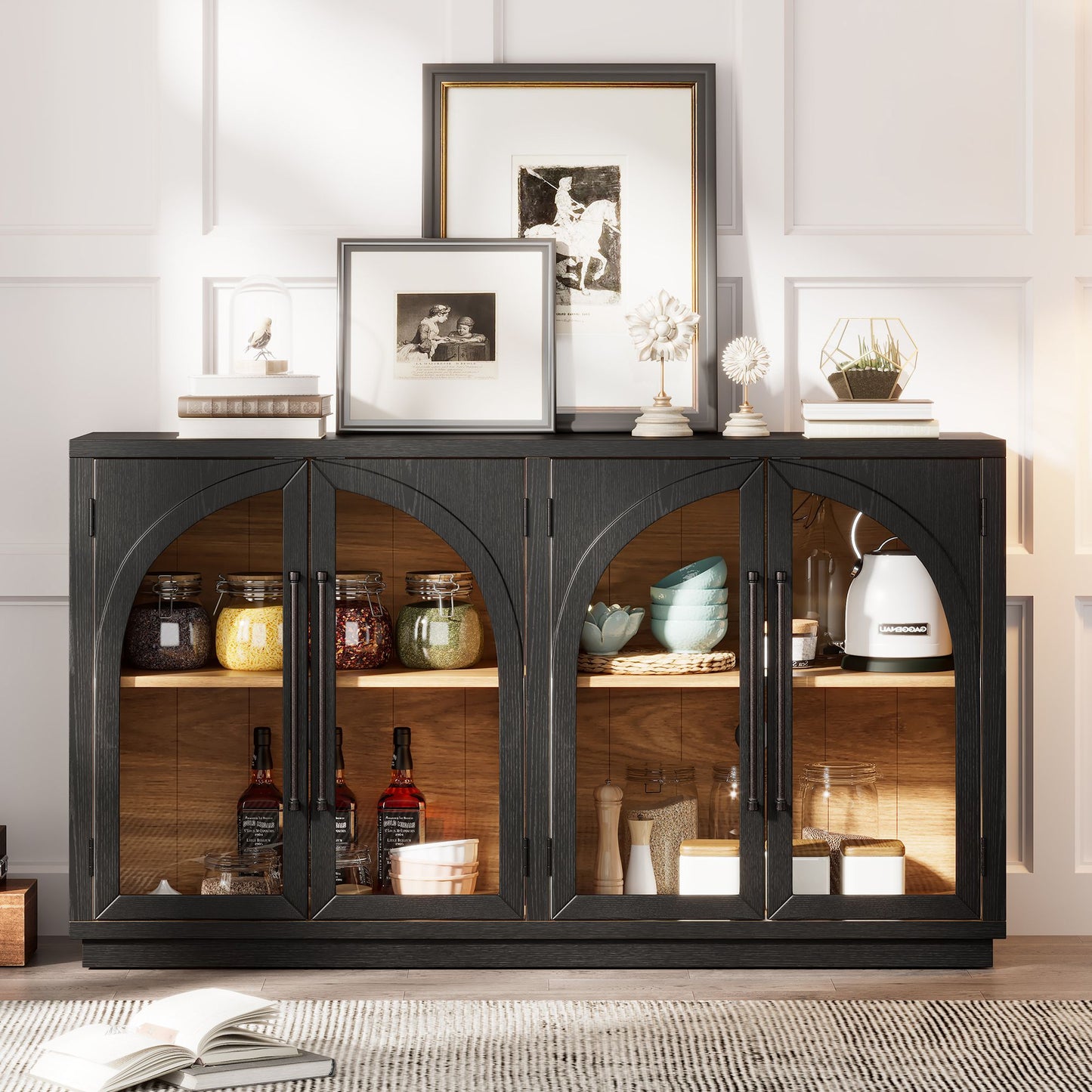 Blue and Black Large Sideboard with Arched Glass Doors and Metal Handles and Adjustable Shelves for Kitchen, Dining Room and Living Room