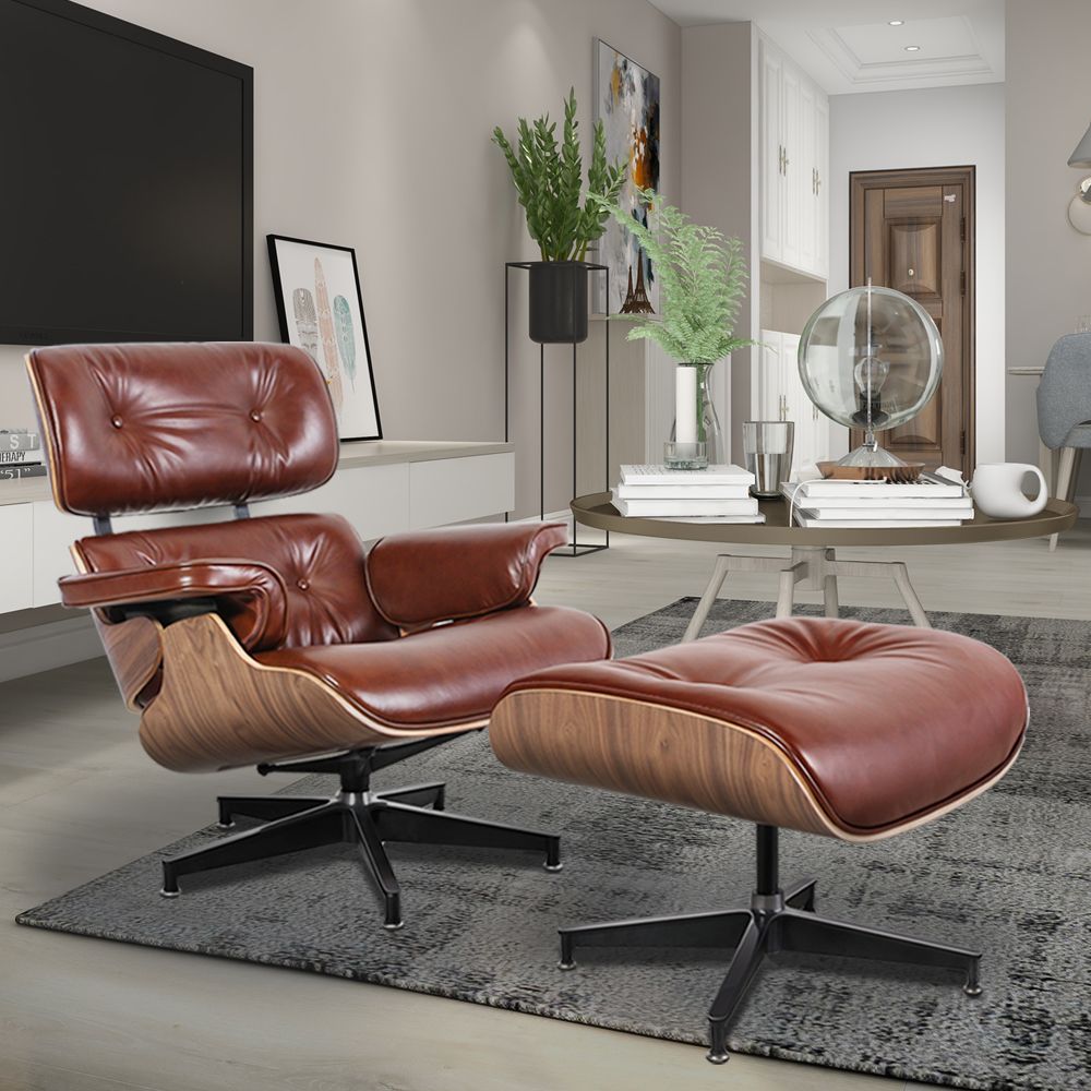 Eames Lounge Copy Armchair With Ottoman Genuine Leather Swivel Chair