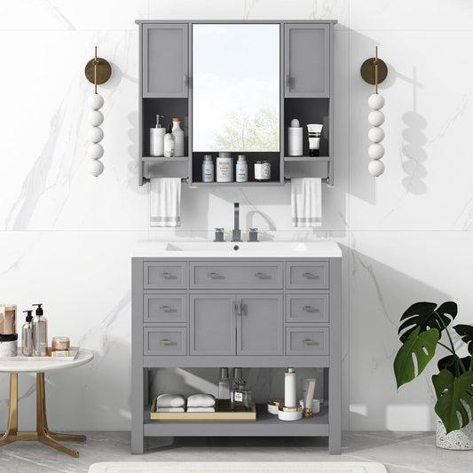 36'' Bathroom Vanity with Top Sink, Modern Mirror Cabinet with Towels Bar, Soft Closing Doors and 6 Drawers, Single Sink Bathroom Vanity