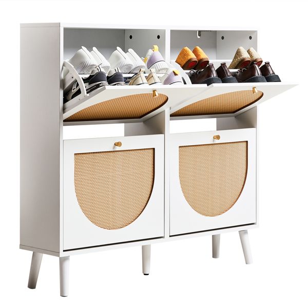 Shoe Organizing Cabinet With High Feet and Arched Top Rattan Shoe Cabinet (4 Total Bins with 2x2 Stacking Bins) 105X24x98cm, White