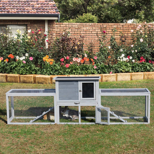 Triple-Compartment Rabbit Hutch, Large - Grey