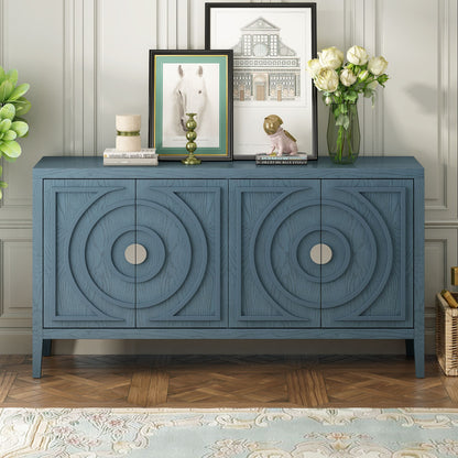 Retro Sideboard with Circular Groove Design Round Metal Door Handle, blue grey white