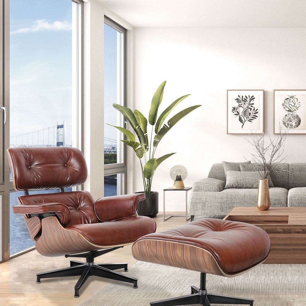 Eames Lounge Copy Armchair With Ottoman Genuine Leather Swivel Chair