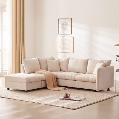 Modern Sectional Sofa with Vertical Stripes, 2 Pillows, 5-Seat Couch with Convertible Ottoman, L-Shape Various Combinations