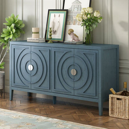 Retro Sideboard with Circular Groove Design Round Metal Door Handle, blue grey white