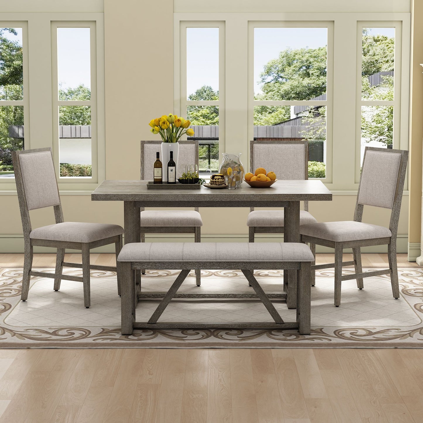 Rectangular Table with Designed Trestle Base and 4 Upholstered Chairs and 1 Bench for Dining Room and Kitchen (Gray)