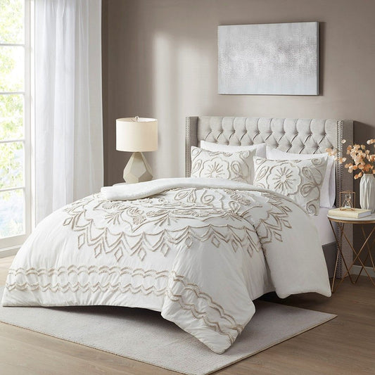 3 Piece Tufted Cotton Chenille Duvet Cover Set, Queen