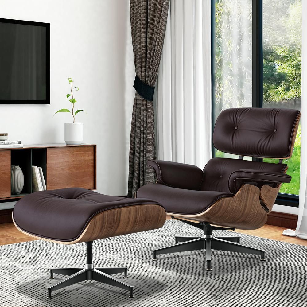 Eames Lounge Copy Armchair With Ottoman Genuine Leather Swivel Chair