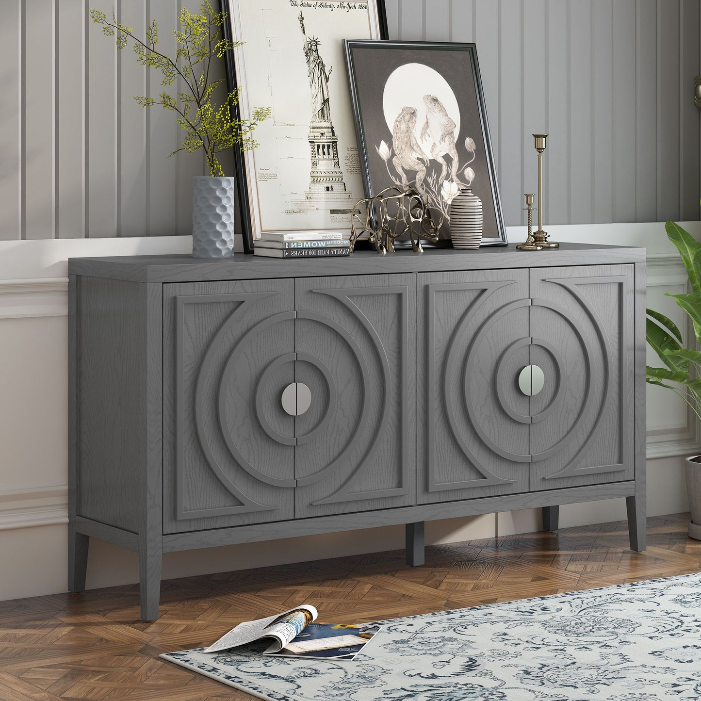 Retro Sideboard with Circular Groove Design Round Metal Door Handle, blue grey white