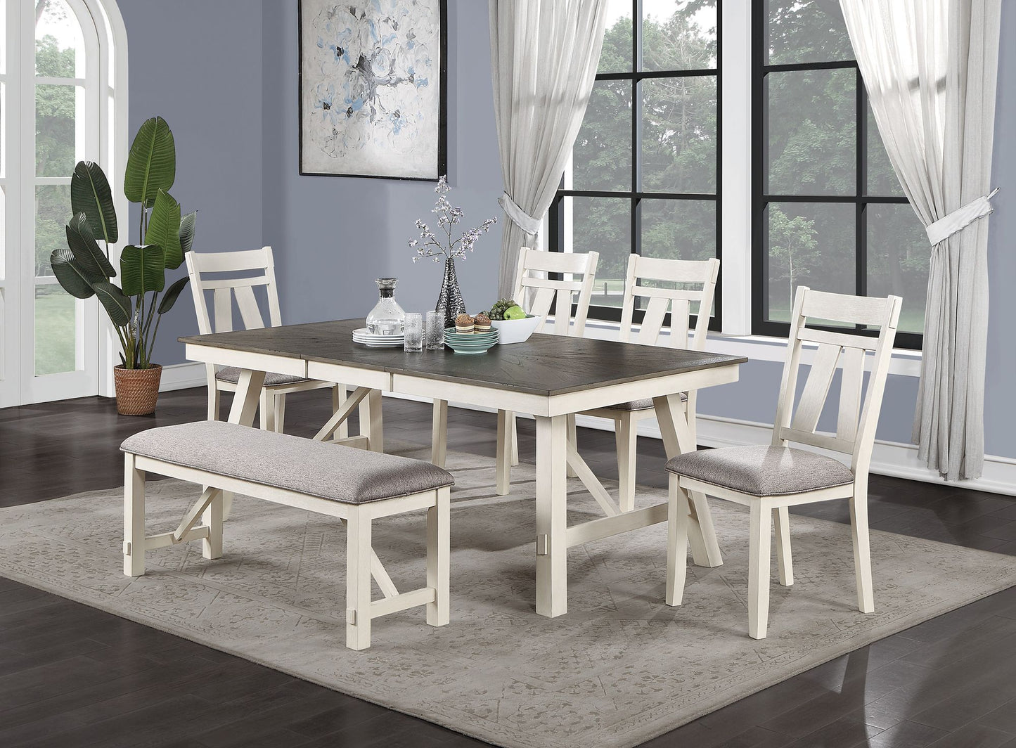 Cottage 6pc Dining Set Table w Leaf And 4x Side Chairs 1x Bench Gray Fabric Cushion Seat White Clean Lines Wooden Table Top