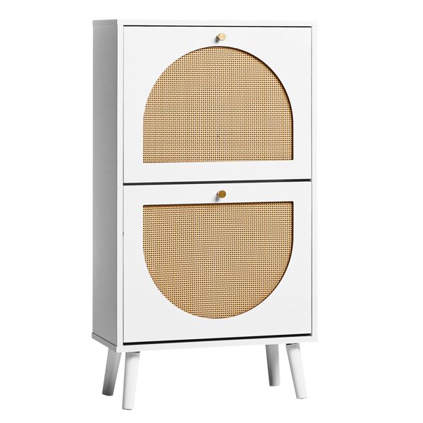 Shoe Organizing Cabinet With High Feet and Arched Top Rattan Shoe Cabinet (2 Stacking Bins) 54x24x98cm, White