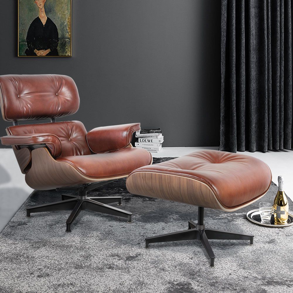 Eames Lounge Copy Armchair With Ottoman Genuine Leather Swivel Chair