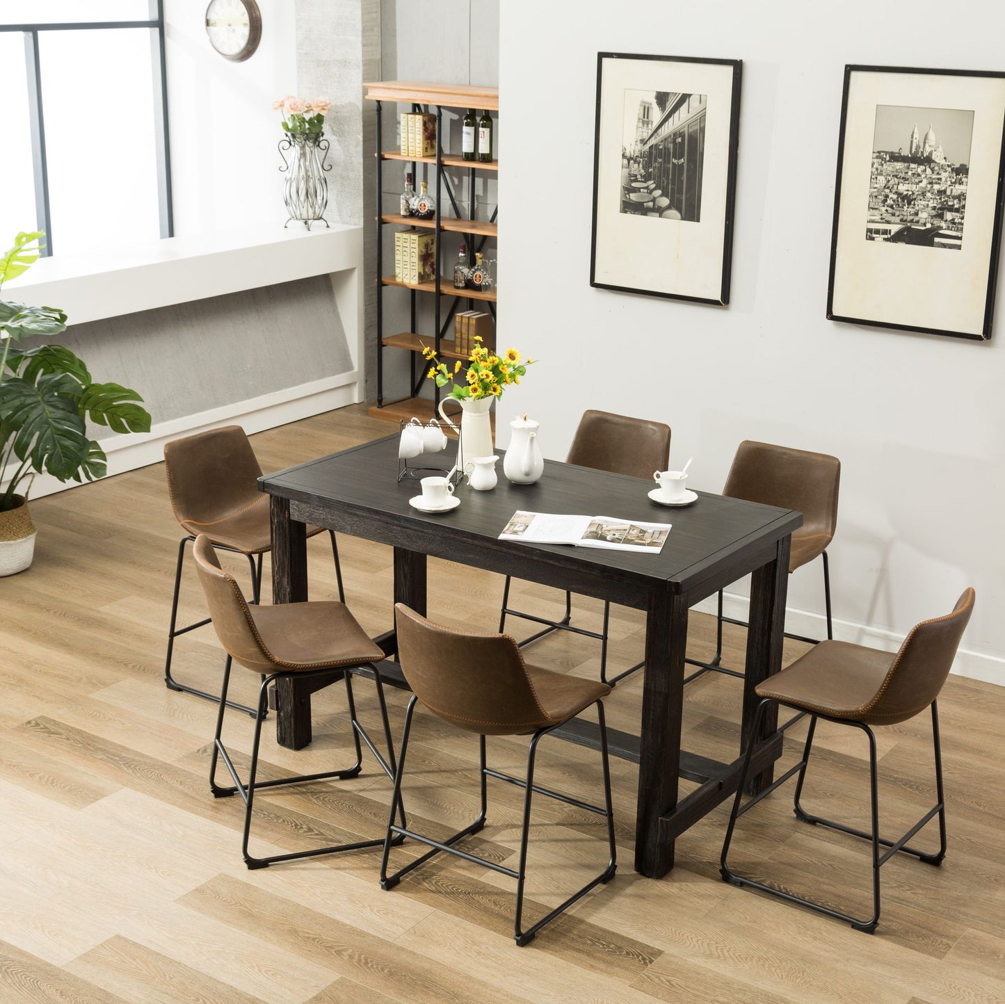 Antique Wood Finished Counter Height Dining Set: Table and Six Brown Chairs