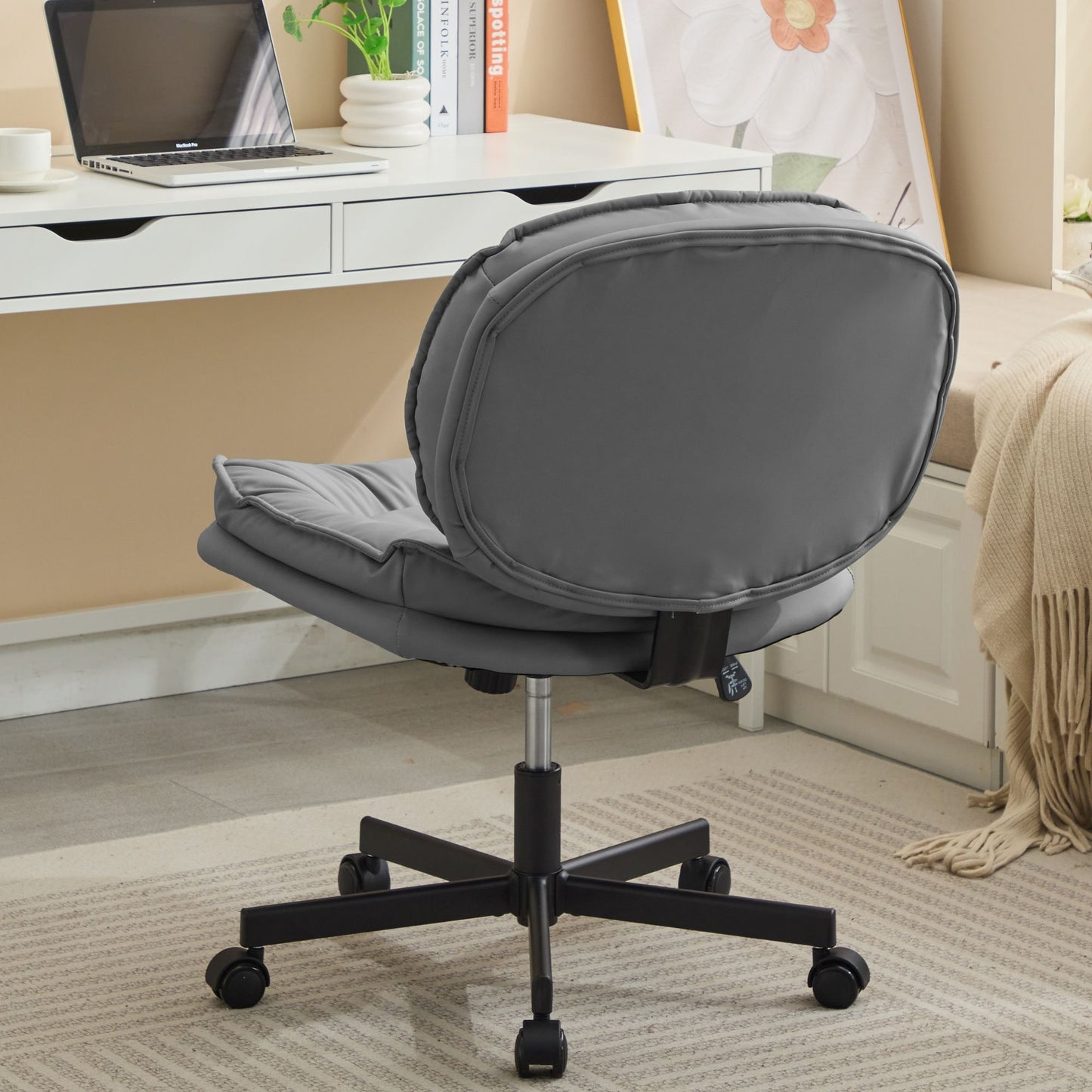 Armless Adjustable Swivel Office Chair with Wheels, PU Leather