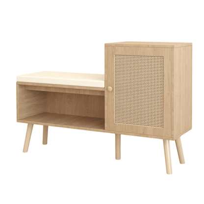 2-in-1 Shoe Storage Bench, Natural Rattan Shoe Cabinet with 2 Adjustable Shelves and Removable Seat Cushion