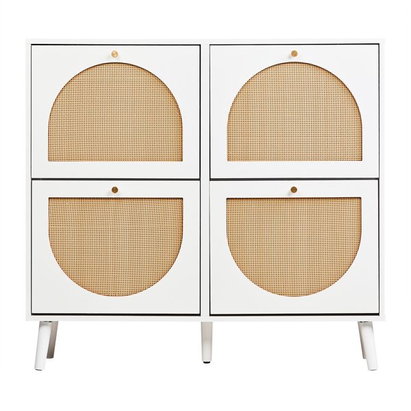 Shoe Organizing Cabinet With High Feet and Arched Top Rattan Shoe Cabinet (4 Total Bins with 2x2 Stacking Bins) 105X24x98cm, White