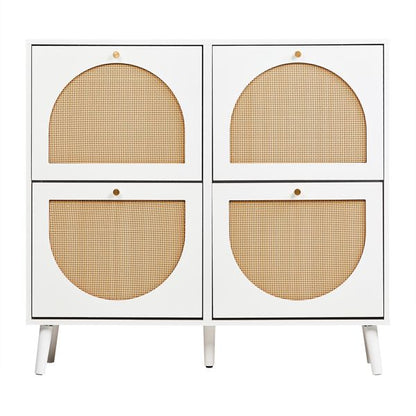 Shoe Organizing Cabinet With High Feet and Arched Top Rattan Shoe Cabinet (4 Total Bins with 2x2 Stacking Bins) 105X24x98cm, White