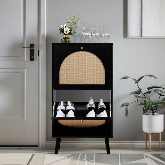 Shoe Organizing Cabinet With High Feet and Arched Top Rattan Shoe Cabinet (2 Stacking Bins) 54x24x98cm, Black