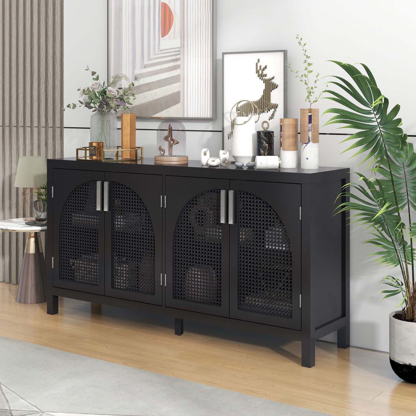 Large Sideboard with Arched Rattan Doors and Metal Handles for Entry and Dining Room