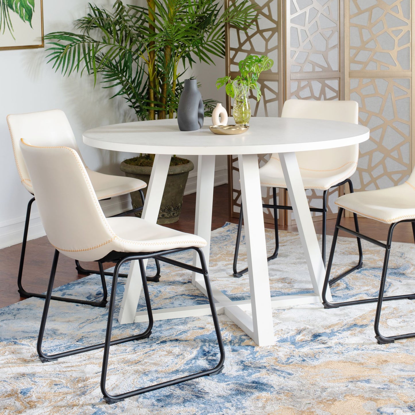 Round Dining Set, 5 Piece Trestle Dining Table with 4 White Modern Chairs