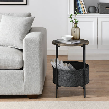 Modern Accent End Table with Storage Basket, Grey Cloth Bag and Brown Top (18'x18'x24')