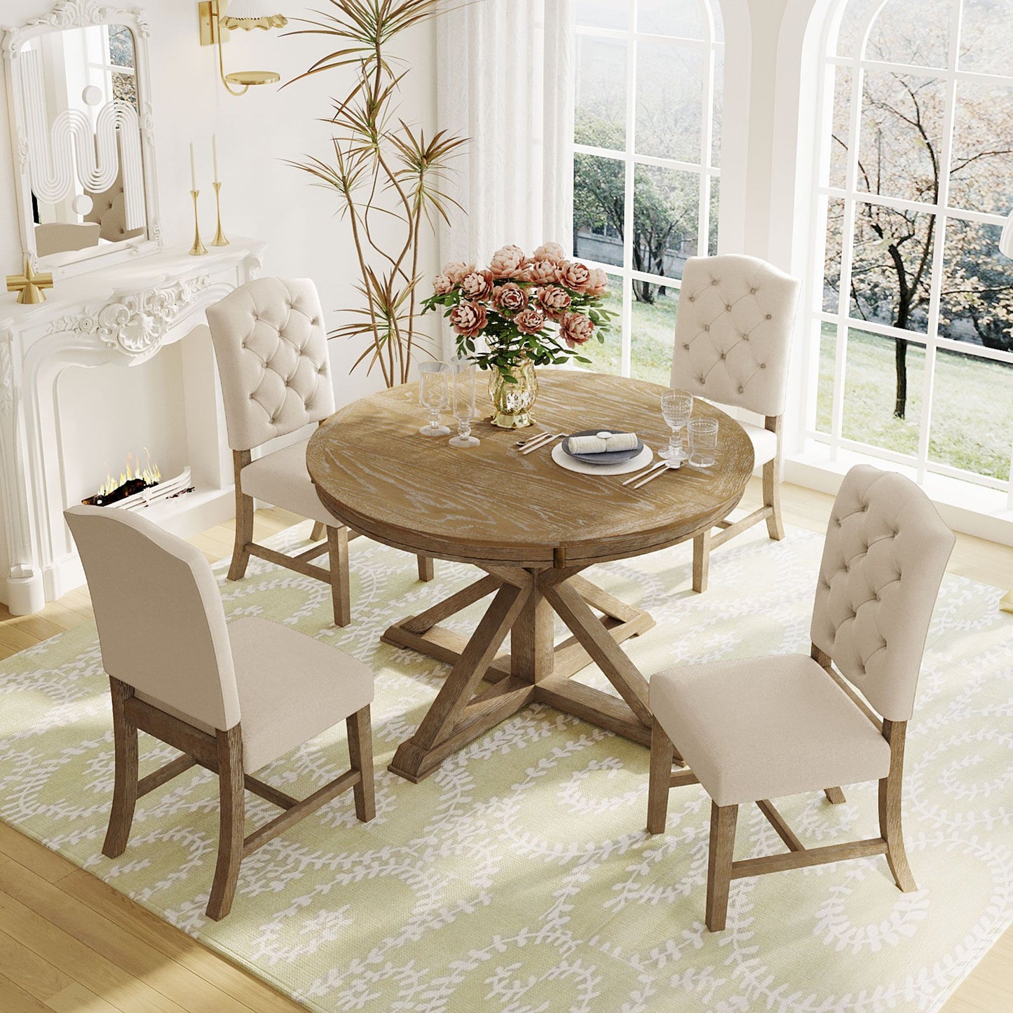 Cottage Style Extendable Dining Table Set With 4 Chairs