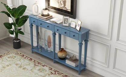 Console Table with 4 Drawers and Open Shelf, Blue