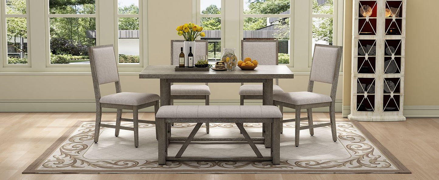 Rectangular Table with Designed Trestle Base and 4 Upholstered Chairs and 1 Bench for Dining Room and Kitchen (Gray)