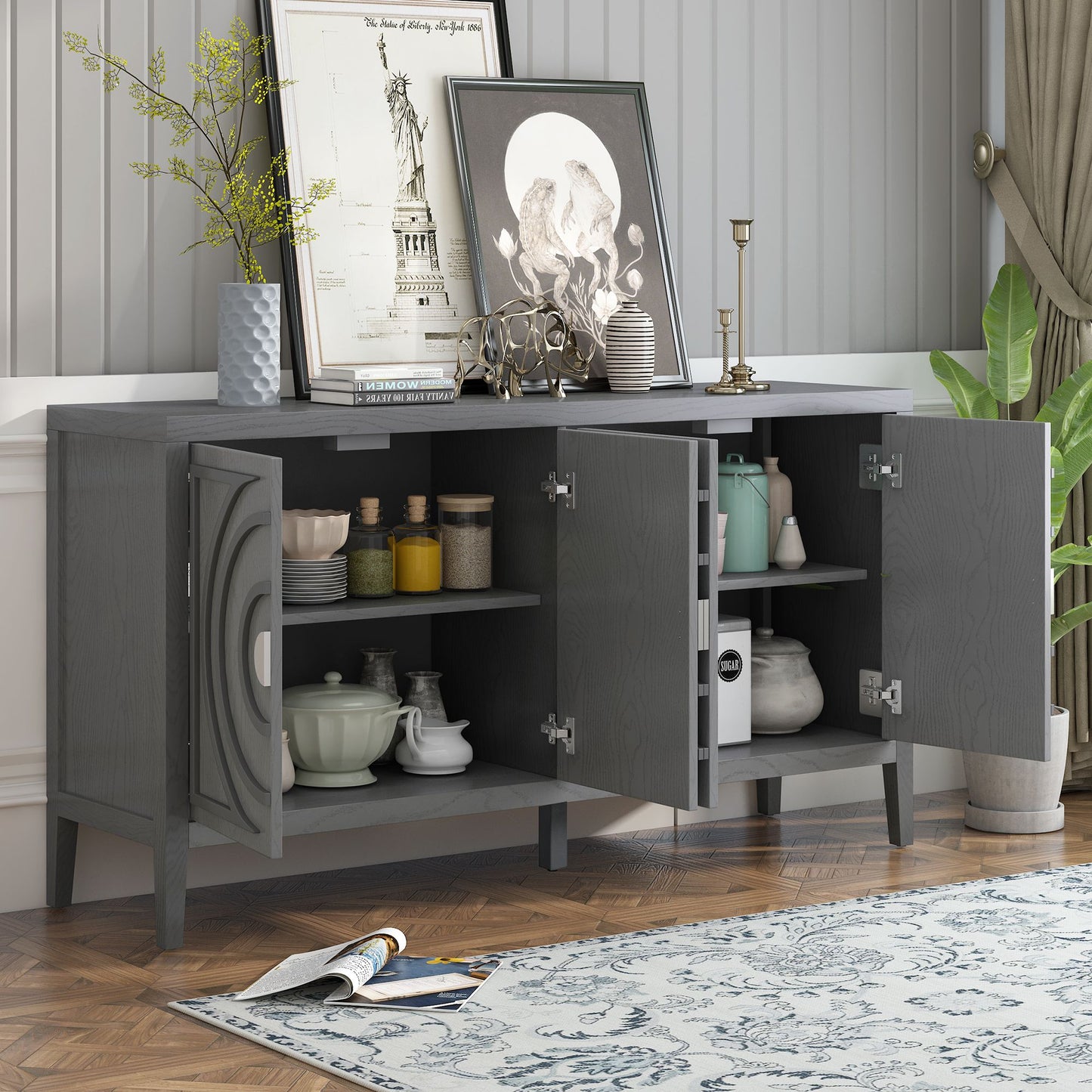 Retro Sideboard with Circular Groove Design Round Metal Door Handle, blue grey white