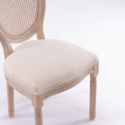 French Style Rattan Back Dining Chair, Linen Fabric (Set of 2)