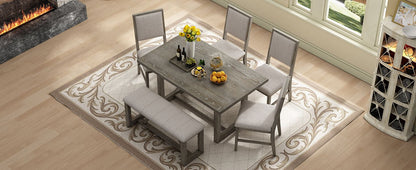 Rectangular Table with Designed Trestle Base and 4 Upholstered Chairs and 1 Bench for Dining Room and Kitchen (Gray)