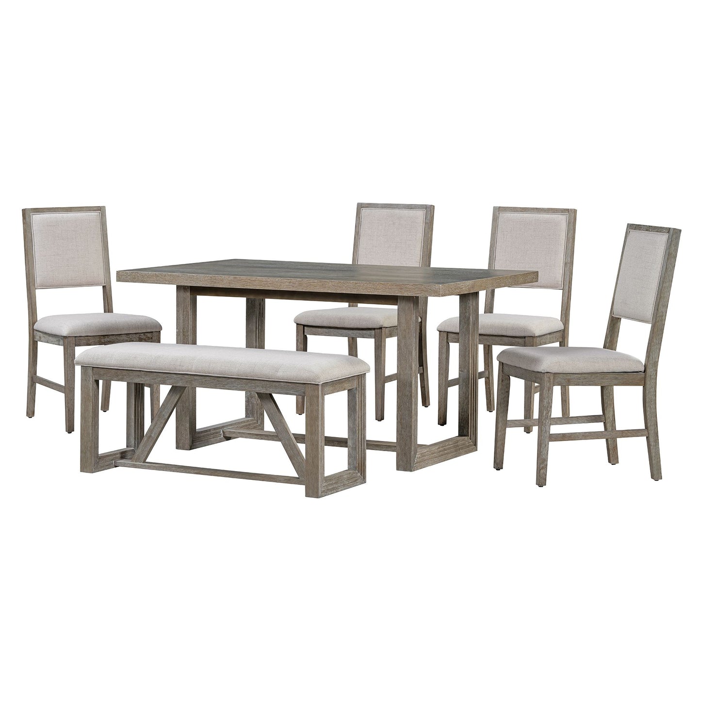 Rectangular Table with Designed Trestle Base and 4 Upholstered Chairs and 1 Bench for Dining Room and Kitchen (Gray)