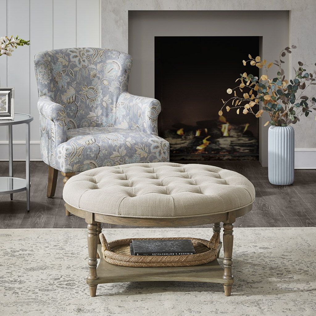 Wood and Linen Tufted Round Ottoman